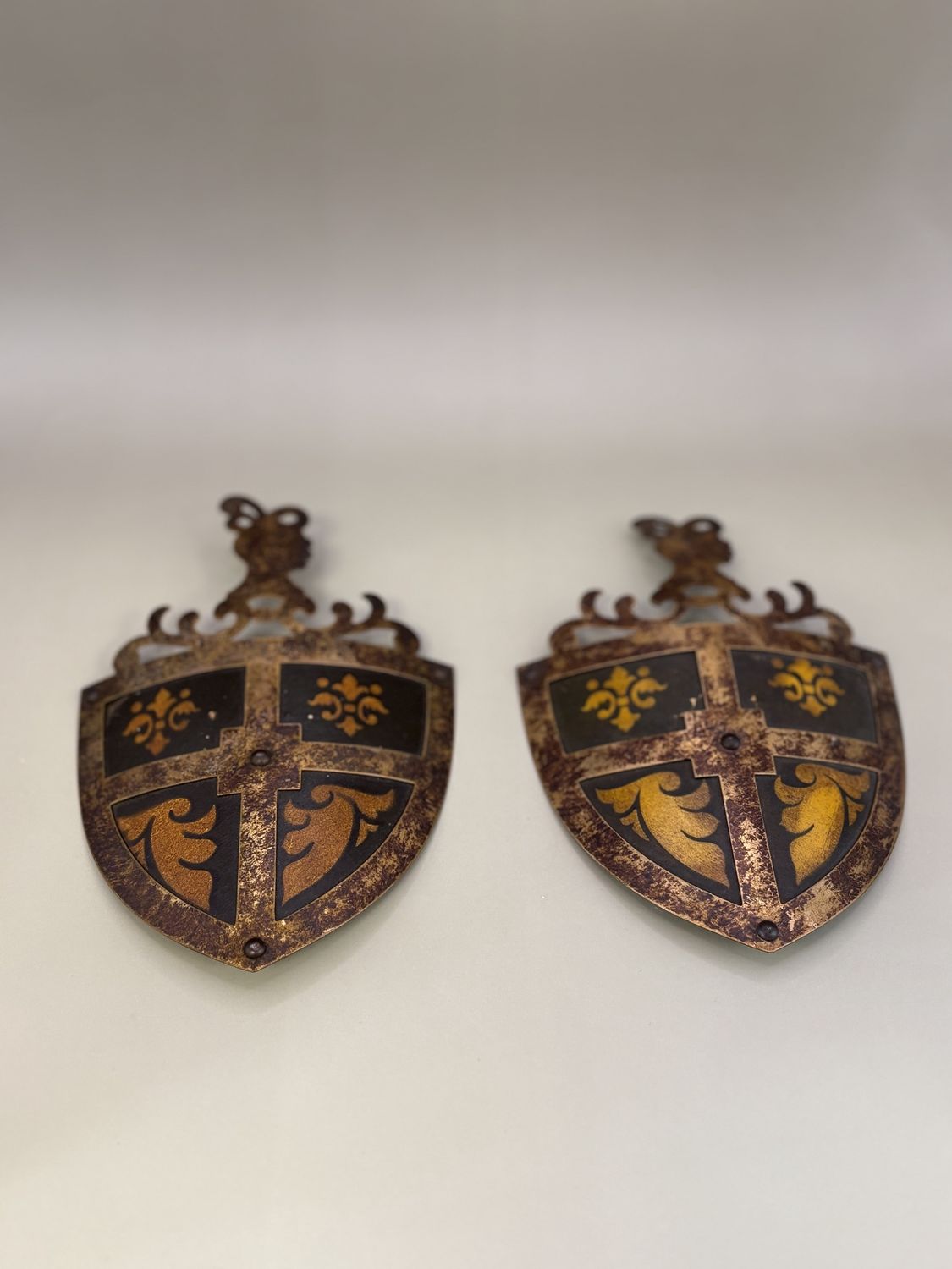 Decor. Germany. Copper Coat of Arms. Vintage Wall Hangers. Set of 2. Cross and Fleur-de-lis. 6.5&quot;H