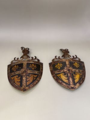 Decor. Germany. Copper Coat of Arms. Vintage Wall Hangers. Set of 2. Cross and Fleur-de-lis. 6.5"H