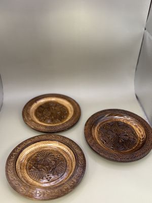 Wood. Germany. Carved Plate. 6'' W (Set of 3)