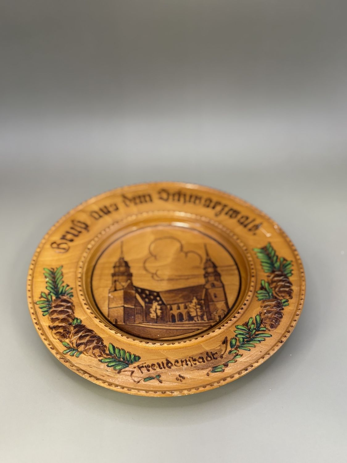 Wood. Germany. Decorative Plate Depicting Historic Church in Freudenstadt, Germany. 8&quot;W
