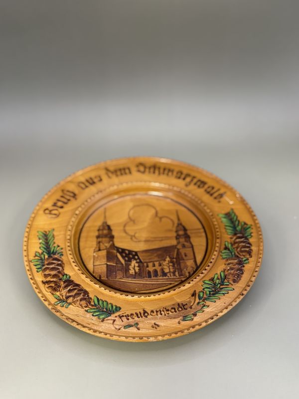 Wood. Germany. Decorative Plate Depicting Historic Church in Freudenstadt, Germany. 8&quot;W
