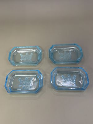 Glass. Czechoslovakia. Intaglio Salt Cellar. Dancing Girls. Ice Blue. Set of 4.