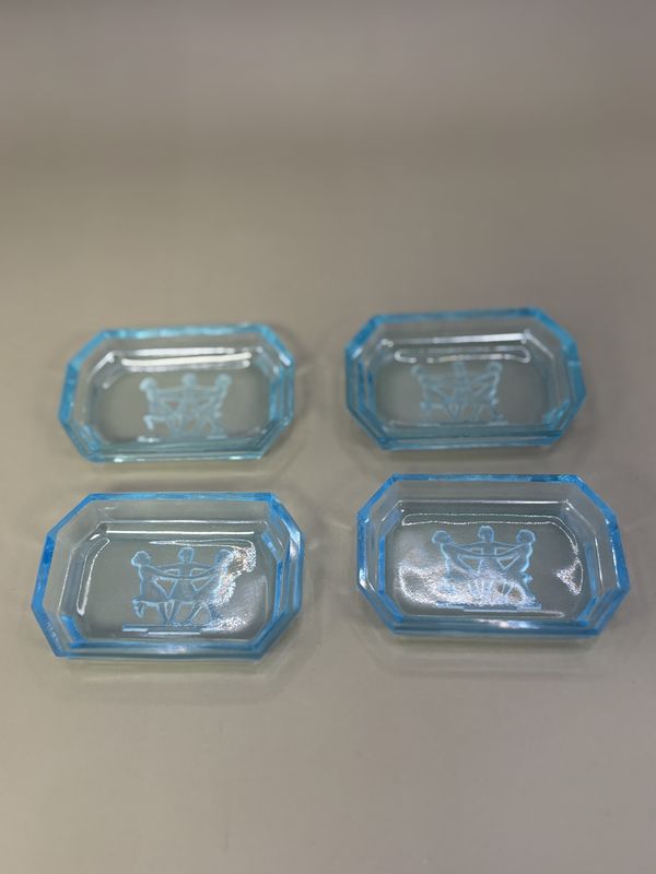 Glass. Czechoslovakia. Intaglio Salt Cellar. Dancing Girls. Ice Blue. Set of 4.