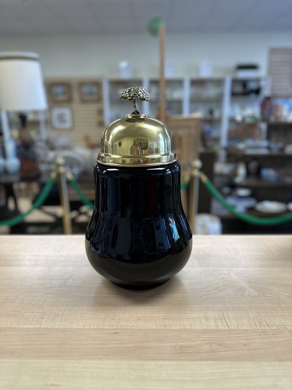 Glass. Italy. Sarreid. Large Italian Cased Glass Jar w/Brass Lid. Black Amethyst. 15&quot;H