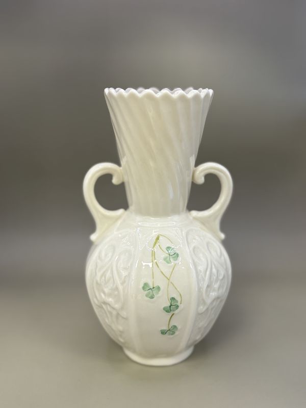 Porcelain. Ireland. Belleek. Shamrock Fluted Vase w/2 Handles. 8&quot;H [13th Mark/Brown: 2008-2010]