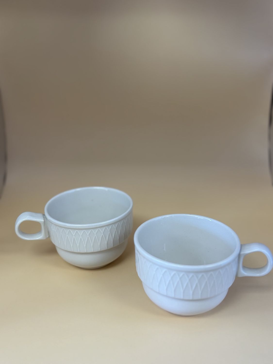 Porcelain. USA. Homer Laughlin. Tea Cups. Set of 2. Gothic Pattern. Beige. 2.5&quot;H