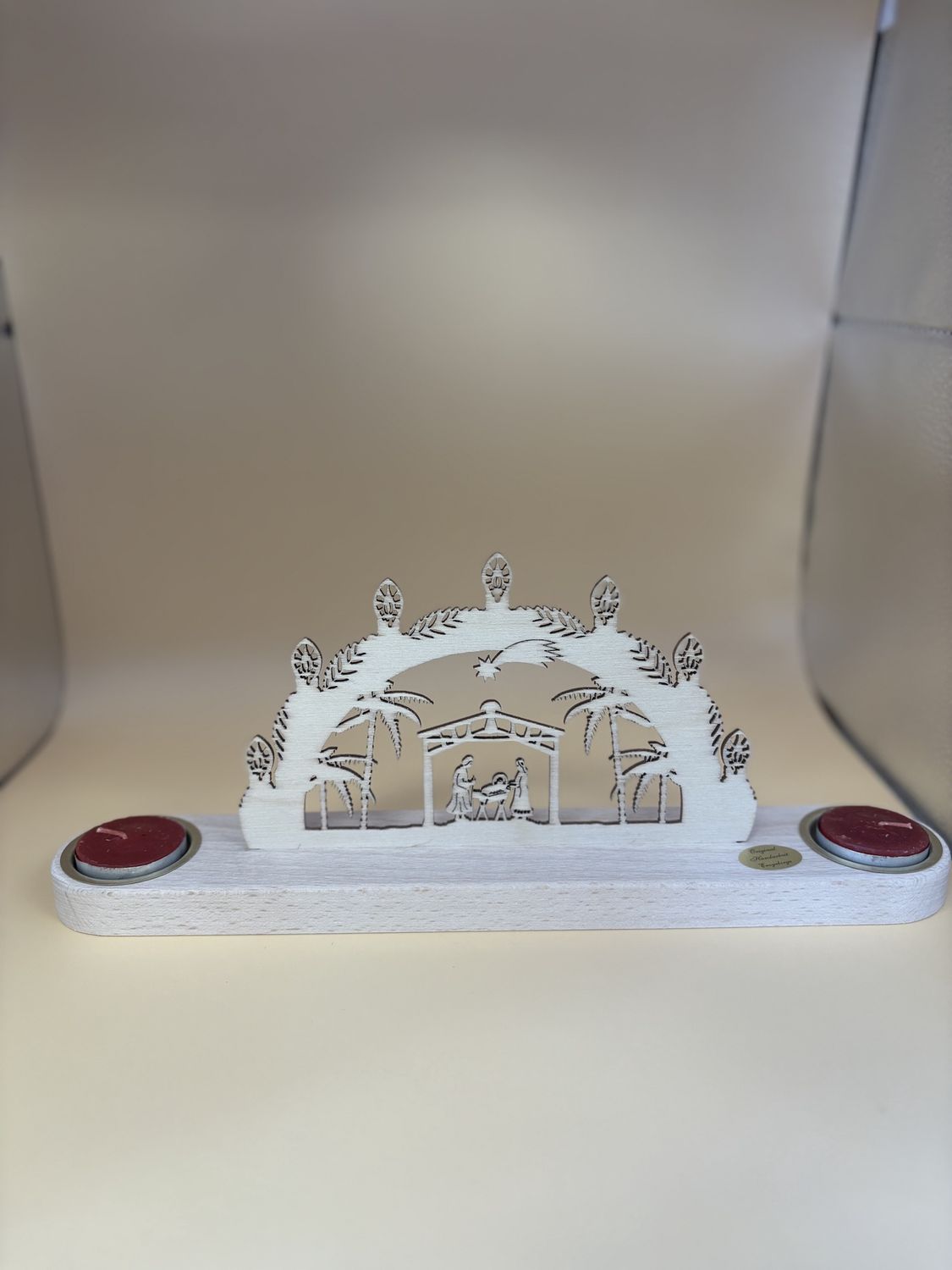Tealight Holder. Germany. Saico. Double Holder w/Manger Scene. 12.5&quot;L