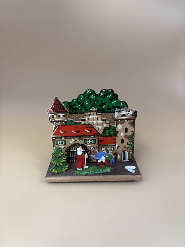 Woodcrafts. Germany. Vintage Bank w/Puss &#39;n Boots Fairy Tale Theme. Key Included. 3.5&quot;H