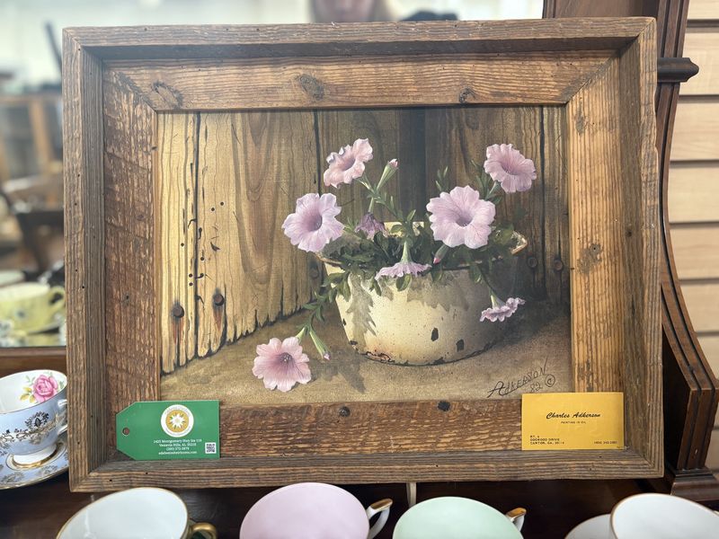 Artwork (Painting). USA. Charles Adkerson. Purple Petunias, with Thick Rustic Wood Frame. Signed 1982. 19.25&quot;W x 15&quot;H