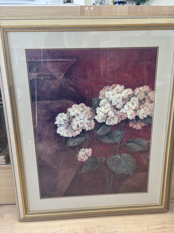 Artwork (Print). Pamela Gladding. &quot;Tuscan Summer&quot;. Matted &amp; Framed behind Glass. Cream Hydrangeas w/Red Background. Gold Frame. 31&quot;W x 37&quot;H