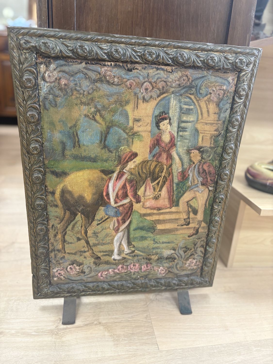 Antique Fire Screen. USA. Tapestry &amp; Brass. 18&quot;W x 24&quot;H