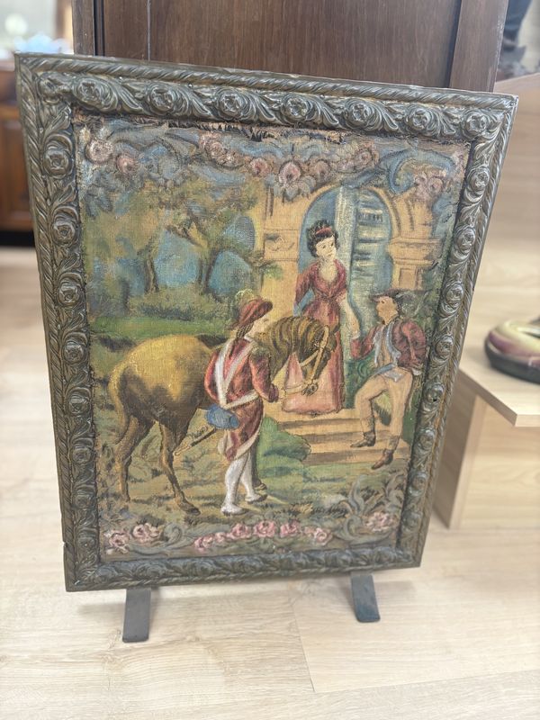 Antique Fire Screen. USA. Tapestry &amp; Brass. 18&quot;W x 24&quot;H