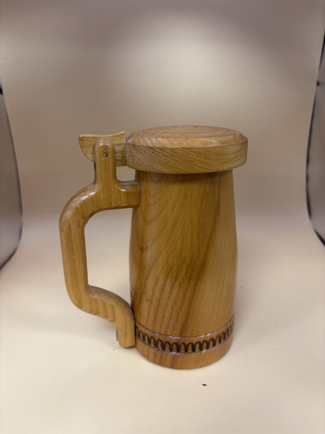 Stein. Germany. Handmade Oak Decorative Mug w/Lid. Arch Pattern around Base. 6.5&quot;H