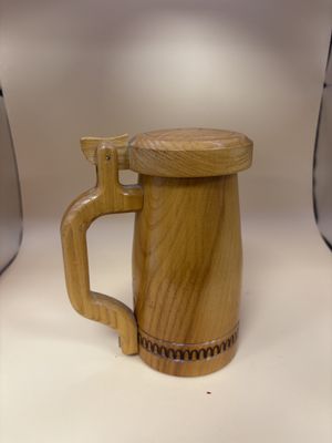 Stein. Germany. Handmade Oak Decorative Mug w/Lid. Arch Pattern around Base. 6.5"H