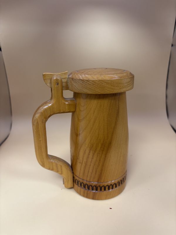 Stein. Germany. Handmade Oak Decorative Mug w/Lid. Arch Pattern around Base. 6.5&quot;H