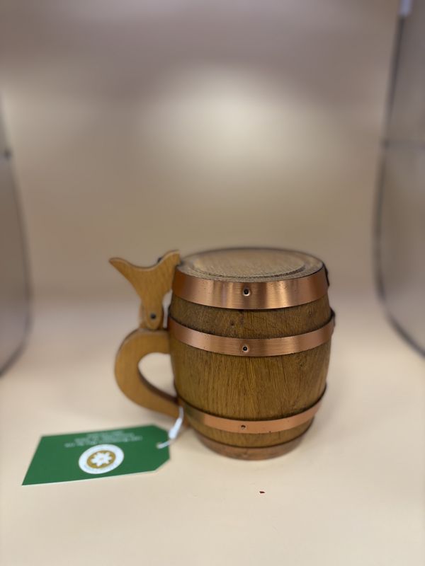Stein. Germany. Wooden Barrel with Lid and Copper Trim. 5&quot;H