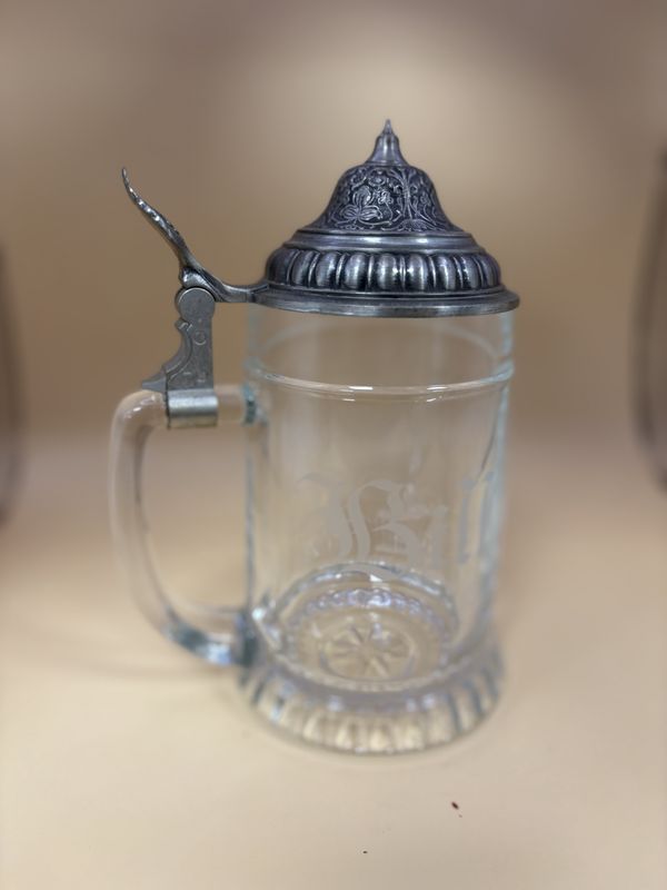 Stein. Germany. Glass Stein with Pewter Lid. &quot;Bill&quot; is Etched on One Side. 7.5&quot;H