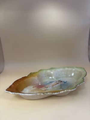 Porcelain. Dish. Victorian Woman and Peacock Motif. Gold Edges. 10"L
