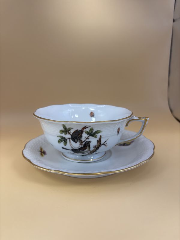Porcelain. Hungary. Herend. Footed Tea Cup and Saucer. Rothschild Bird.