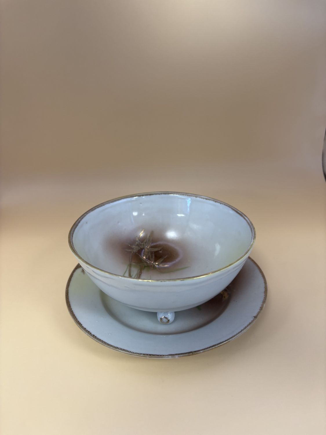 Porcelain. Japan. Footed Bowl &amp; Saucer. Hand-painted Bamboo Design w/Gold Rim. 5.5&quot;W