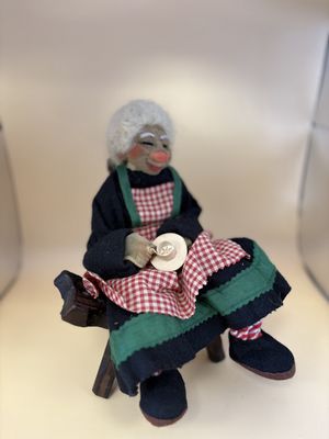 Doll. Spain. Fabric German Lady on Wooden Chair.  9.5"H
