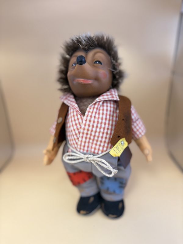 Doll. Germany. Steiff. Mecki. With Tags. Red &amp; White Check Shirt. Blue &amp; Red Patches on Pants. 10.5&#39;&#39;H