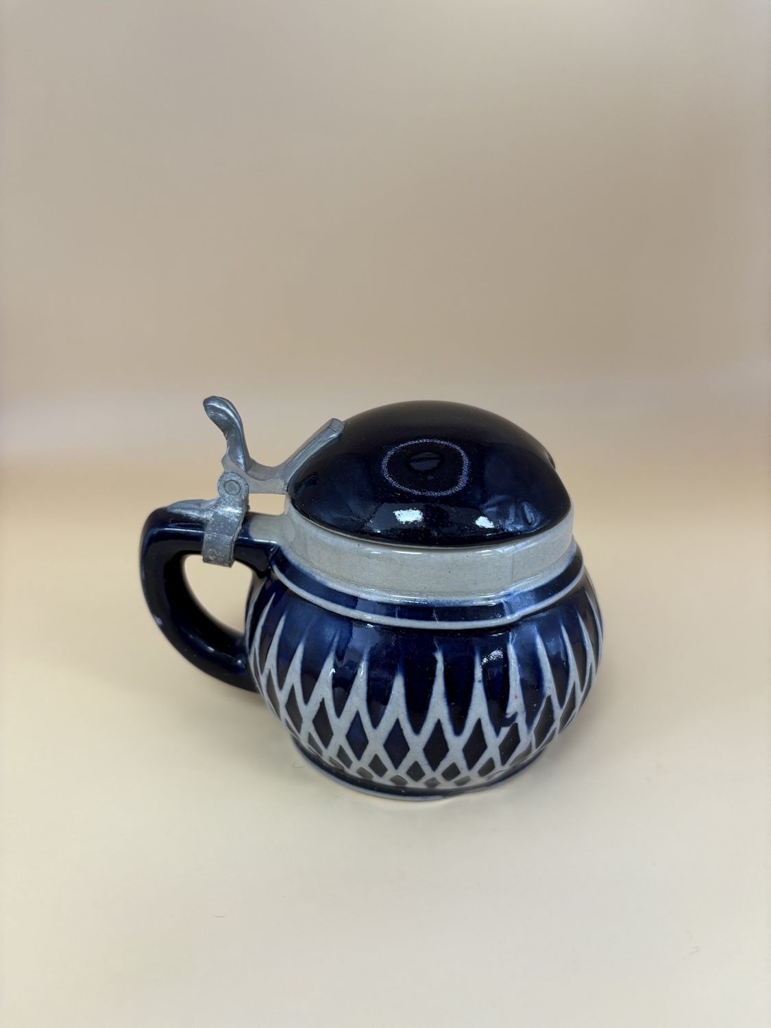 Stein. Germany. Mustard Pot. Ceramic. Blue Glaze and Pewter Lid. 3&#39;&#39;H.