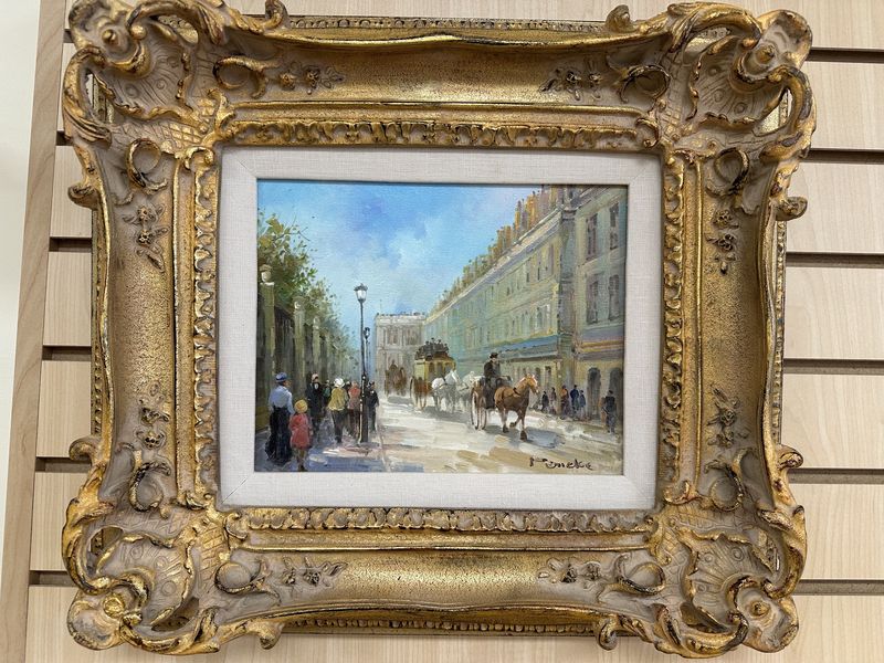 Artwork (Painting). Vintage Street Scene #1 by Pemeke. White Canvas Mat w/Gold Frame. 17.5&quot;W x 15.5&quot;H