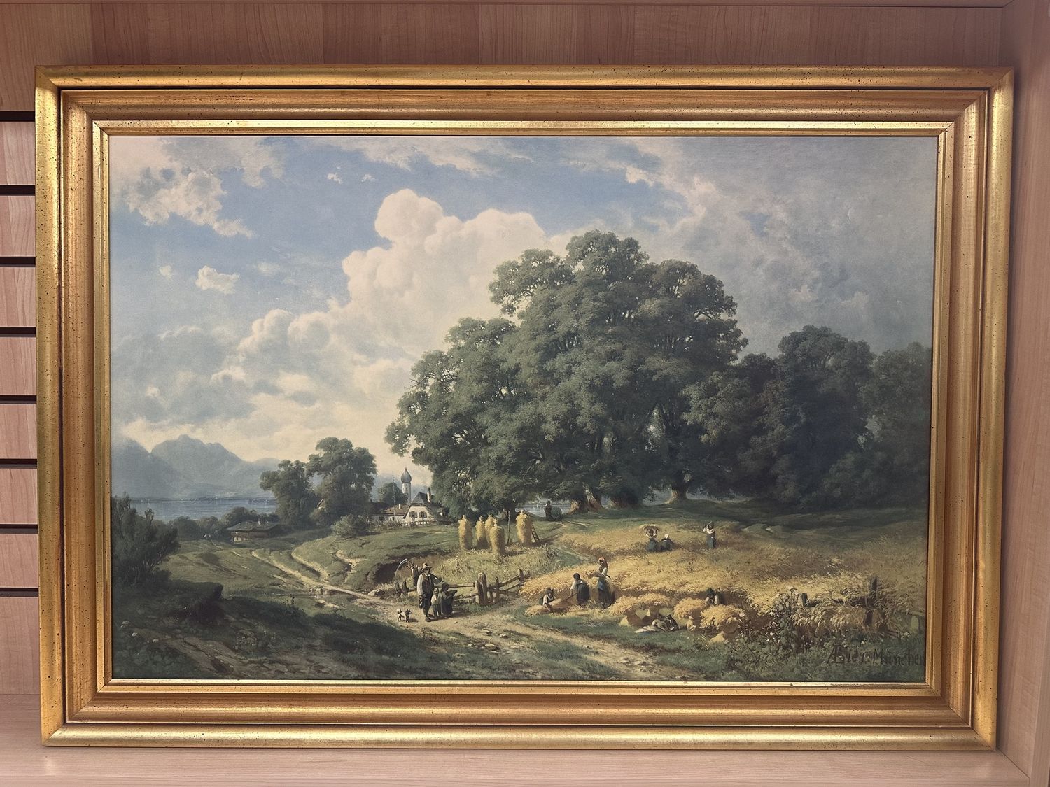 Artwork (Print). Germany. Adolf Heinrich Lier. Framed Print on Chipboard. &quot;Harvest at Lake Chiemsee&quot;. 27.75&quot;W x 39&quot;H