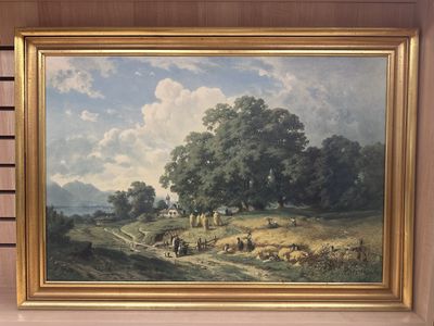 Artwork (Print). Germany. Adolf Heinrich Lier. Framed Print on Chipboard. "Harvest at Lake Chiemsee". 27.75"W x 39"H