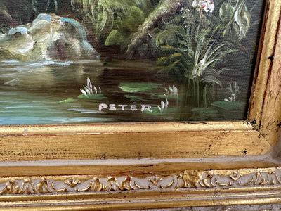 Artwork (Painting). Landscape on Canvas, by Peter. Gold Frame. 32"W x 28"H