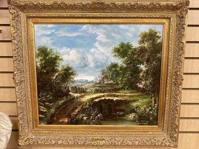 Artwork (Painting). Landscape on Canvas, by Peter. Gold Frame. 32"W x 28"H