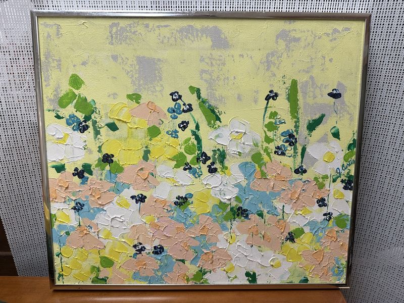 Artwork (Painting). USA. Acrylic on Canvas, Set in Silver Frame. Abstract of Yellow, Pink, Blue, &amp; Green Flowers. By J. Curtis of Birmingham, AL. 16.25&quot;W x 14.25&quot;H