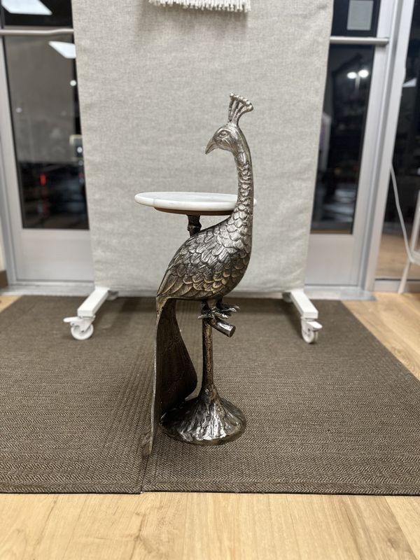 Furniture. Side Table. Silver Peacock w/Small Round Marble Table. 29&quot;H