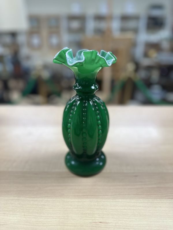 Glass. USA. Fenton. Beaded Melon. Ivy Green Overlay on White. 8.5&quot;H