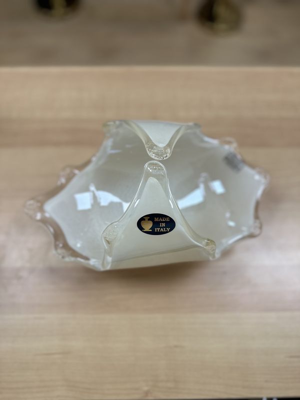 Glass. Italy. [NEW] Murano Open Basket. Beige w/Clear Trim. 12.5&quot;W