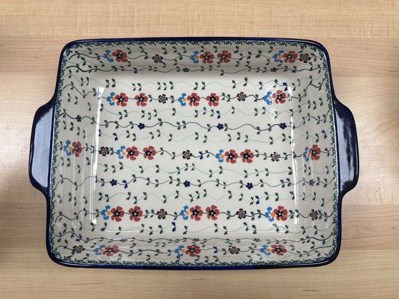 Polish Pottery. Poland. Casserole Dish. Off-white w/Red Flowers on Vines &amp; Cobalt Blue Trim.  10.75&quot; x 15&quot;