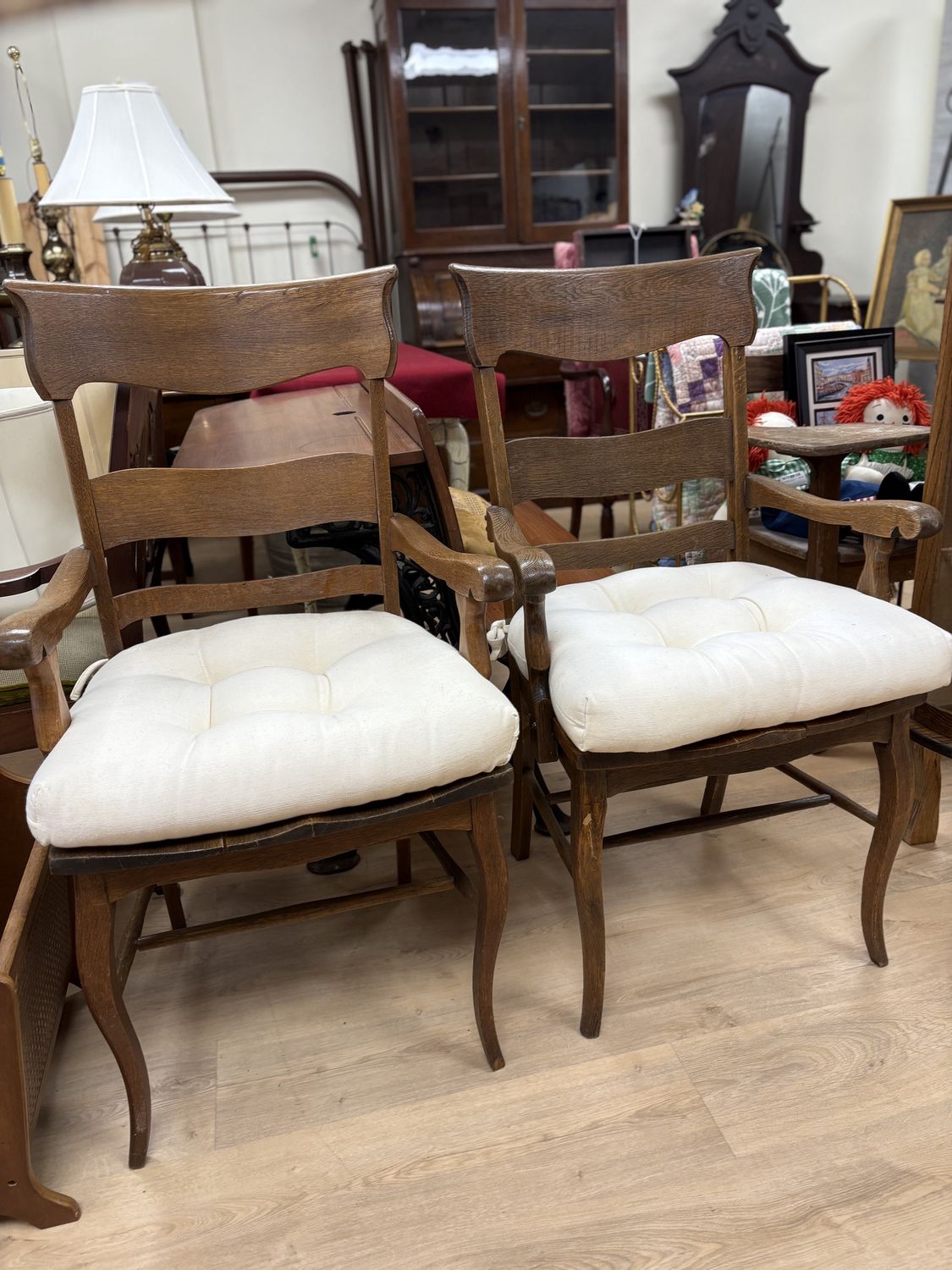 Furniture. USA. Chairs. Wood w/ White Cushion. Set of 2
