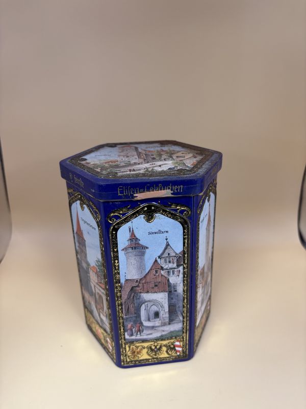 Kitchen Misc. Germany. E Otto Schmidt. Elisen Gingerbread Cookie Tin. Blue with German Images. Hexagonal. 6.25&quot;H