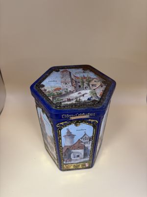 Kitchen Misc. Germany. E Otto Schmidt. Elisen Gingerbread Cookie Tin. Blue with German Images. Hexagonal. 6.25"H