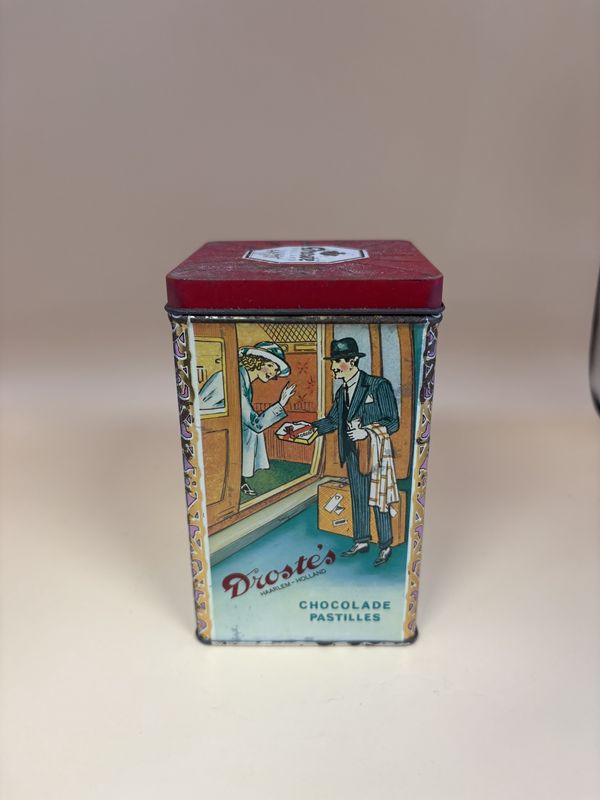 Kitchen Misc. Netherlands. Droste. Cocoa Tin. Red &amp; Light Teal Images. 4.5&#39;&#39;H x 3&quot;Square