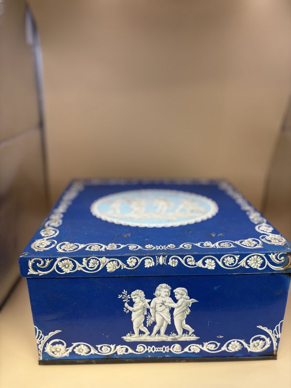 Kitchen Misc. England. Huntley and Palmer. Vintage Biscuit Tin. Blue with Cherubs. 9.25&quot;W