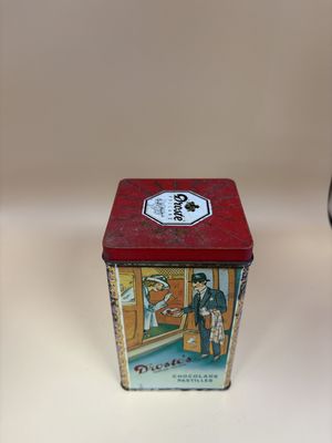 Kitchen Misc. Netherlands. Droste. Cocoa Tin. Red &amp; Light Teal Images. 4.5''H x 3"Square