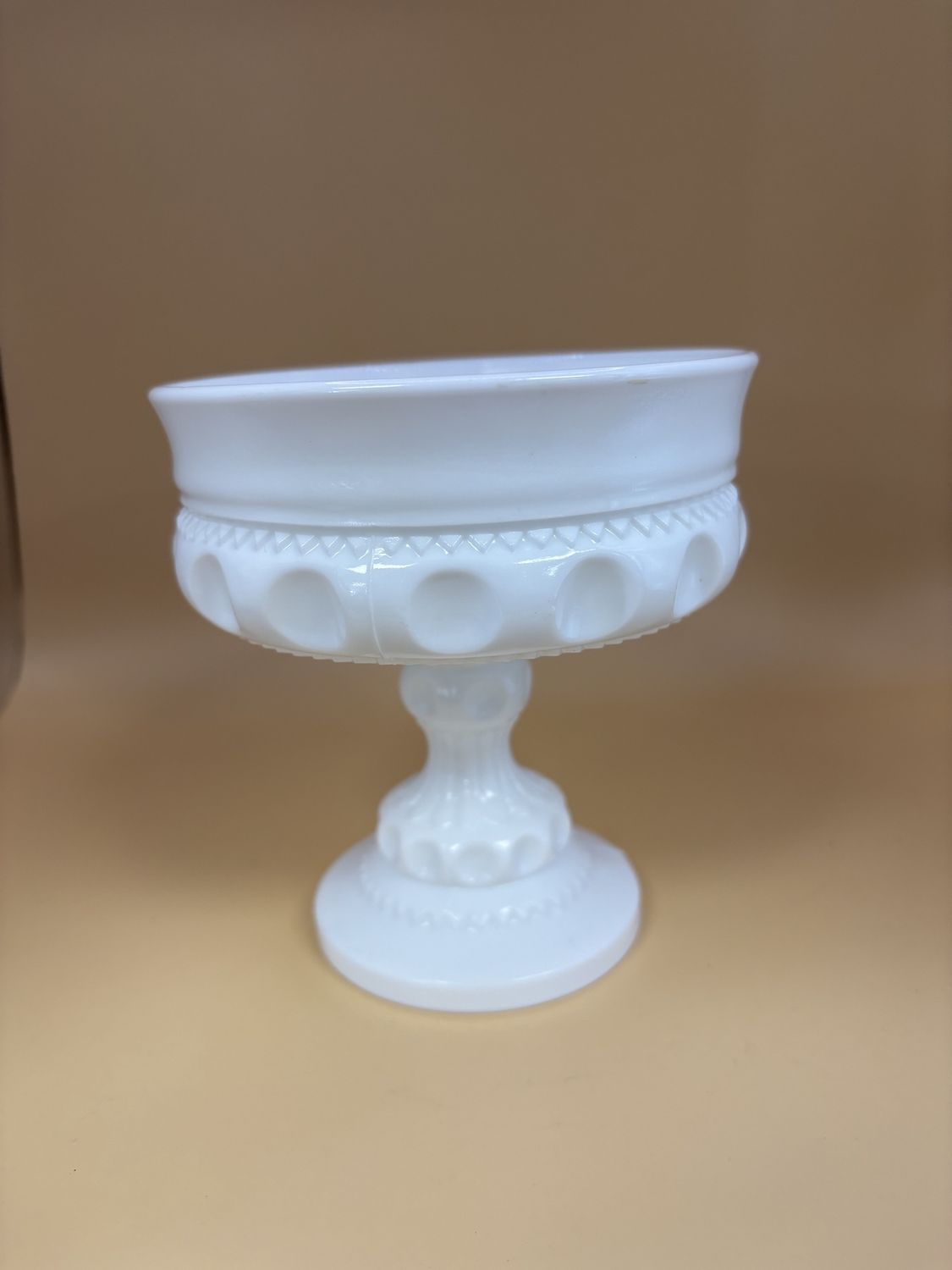 Glass. USA. Indiana Glass. Milk Pedestal Compote. White. Crown Thumbprint. 1960. 5&#39;&#39;H.