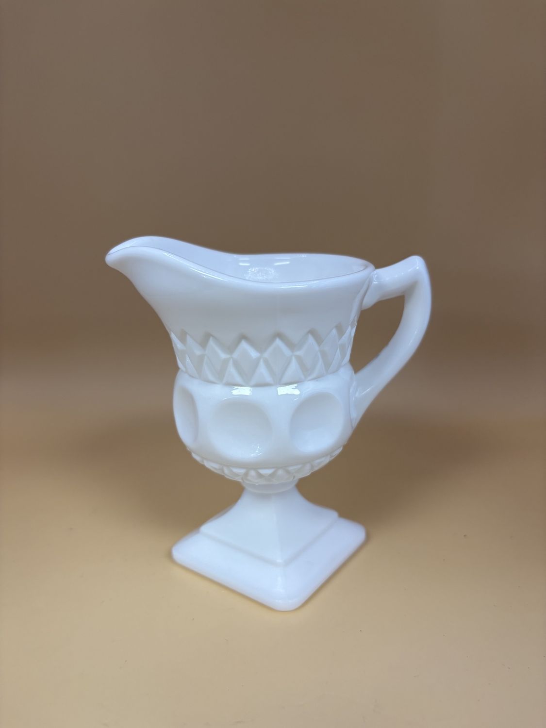 Glass. USA. McKee Plymouth White Milk Glass Creamer. 1957-1958. Thumbprint Pattern.