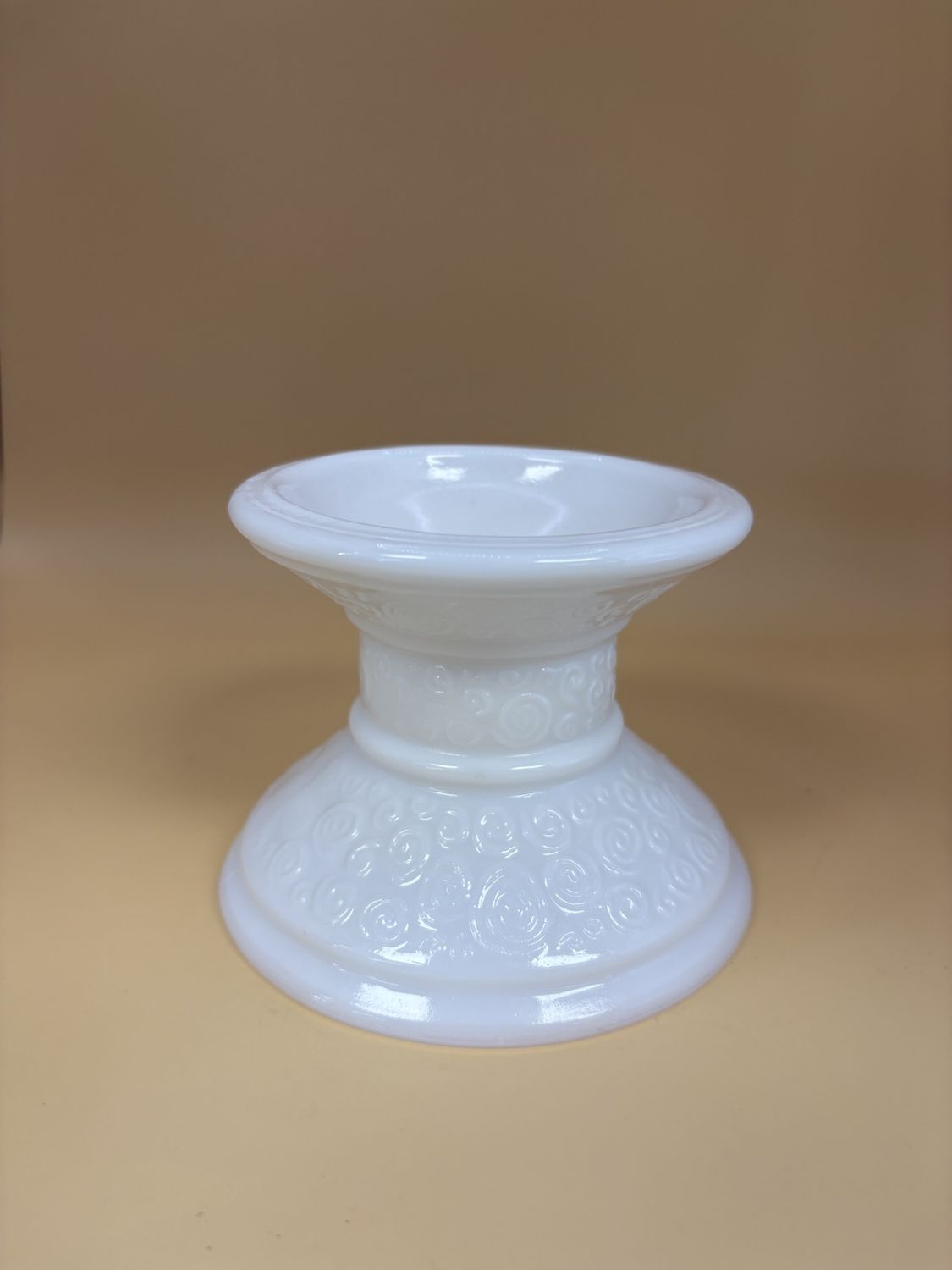 Glass. USA. Westmoreland. Candle Holder. Milk Glass White. Embossed Swirl Pattern. 3.25&#39;&#39;H.