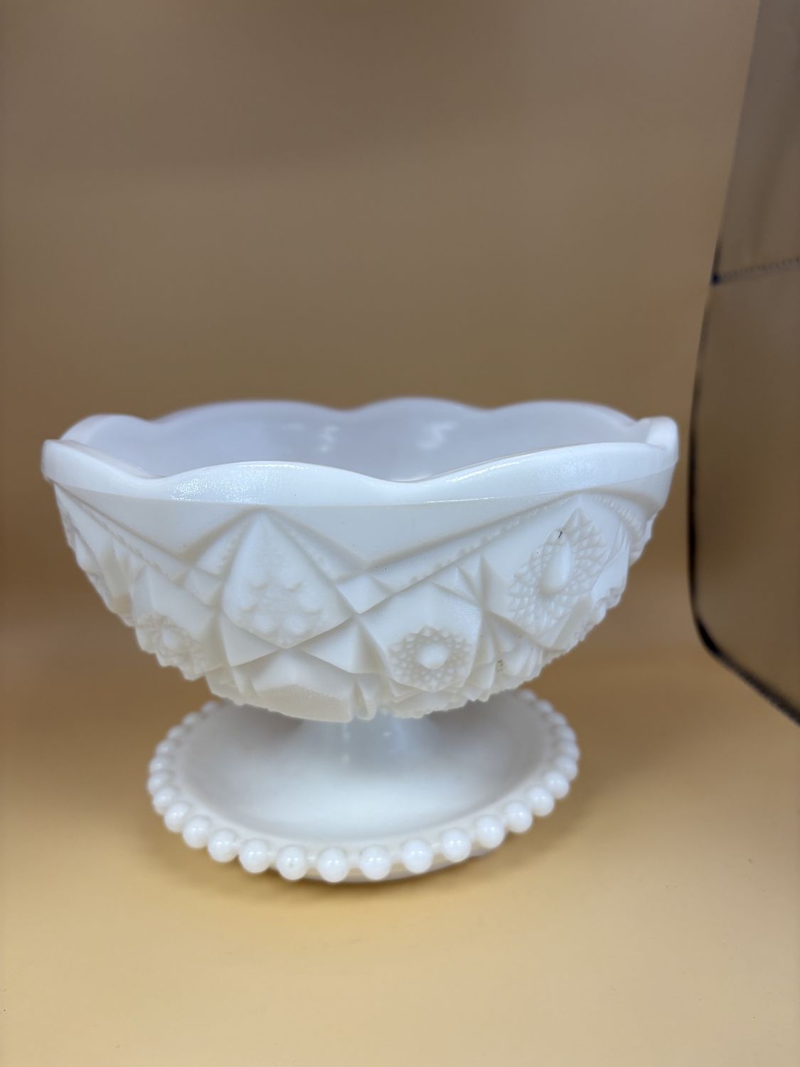 Glass. USA. Kemple. Toltec White Milk Glass Footed Bowl. 5.5&quot;H.