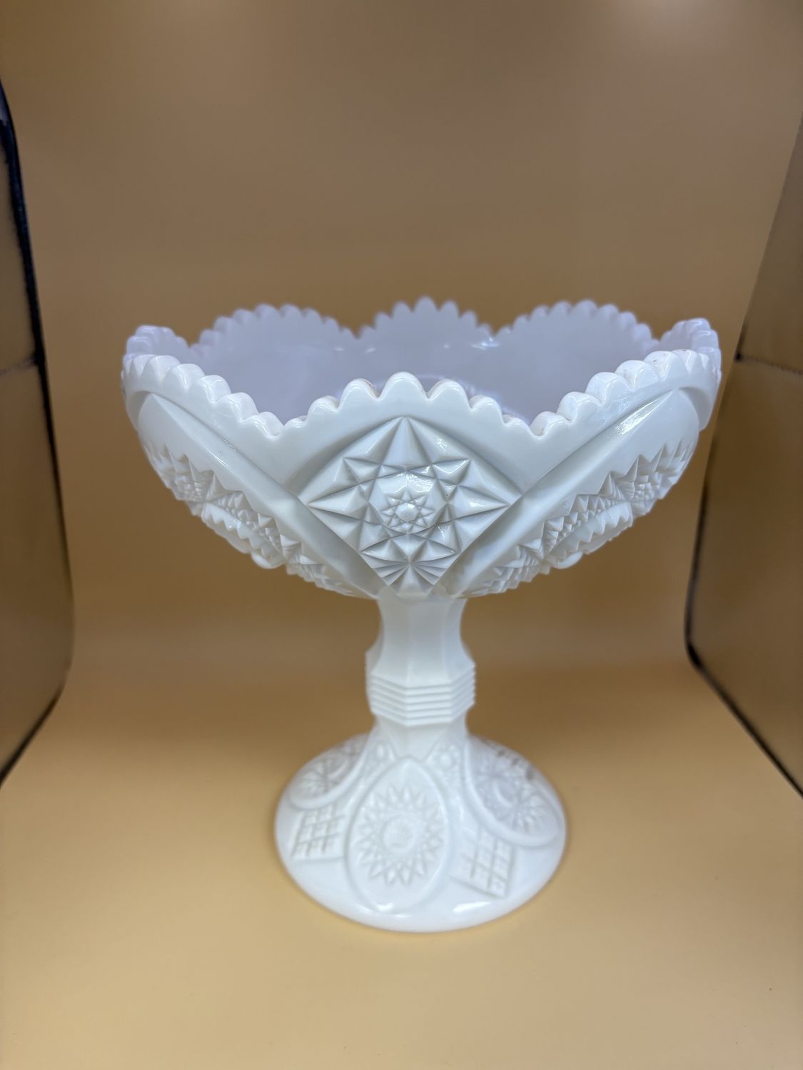 Glass. USA. Fenton. Compote. Milk Glass. Footed. Hobstar. 9&quot;H.