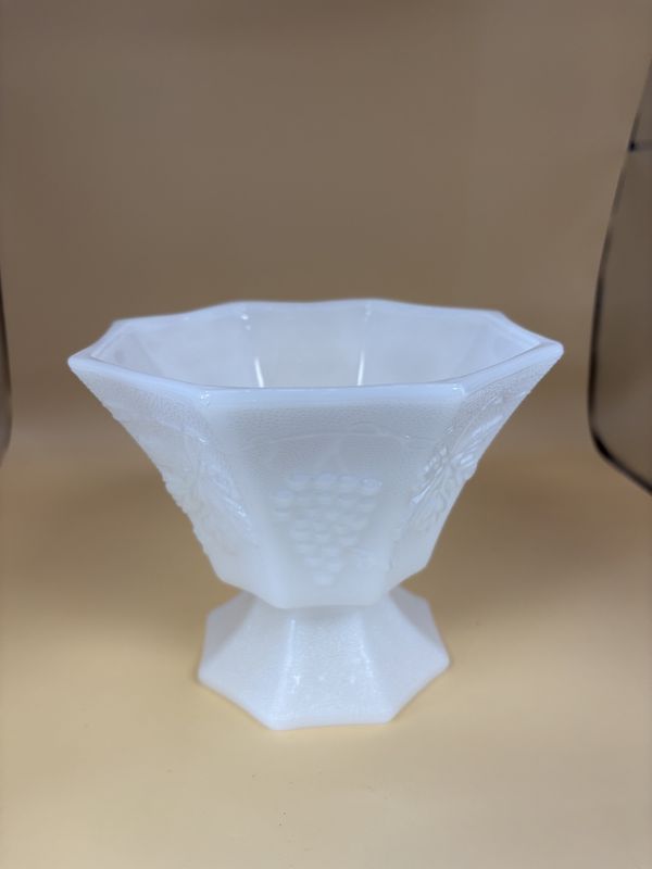 Glass. USA. Anchor Hocking. Dish. Milk Glass Pedestal. Grape Pattern. Octagonal Shape. 5.5&quot;L. 5&quot;H.
