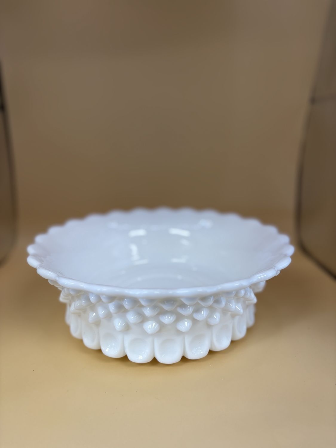 Glass. USA. Fenton. Bowl. Milk Glass. Hobnail. Scalloped Edge. 8.5&quot;L.